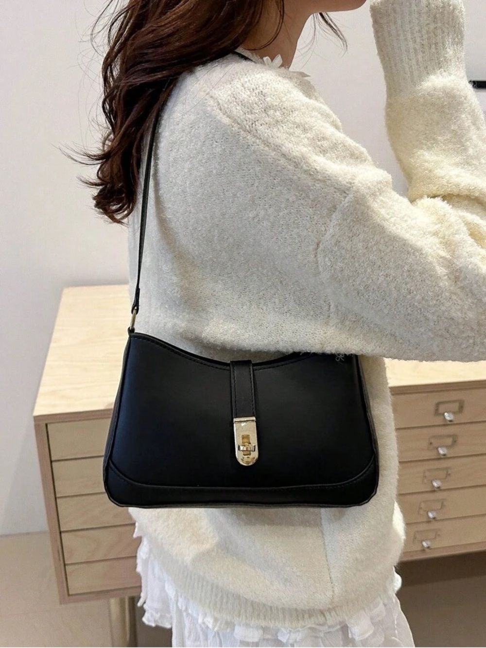 Classic Black Shoulder Bag with Gold Turn-Lock